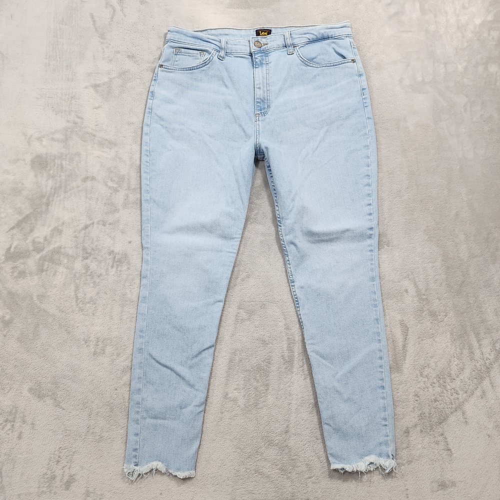 Lee Jeans Womens 16 Blue Light Wash High Rise Skinny Crop Raw Hem Stretch Denim